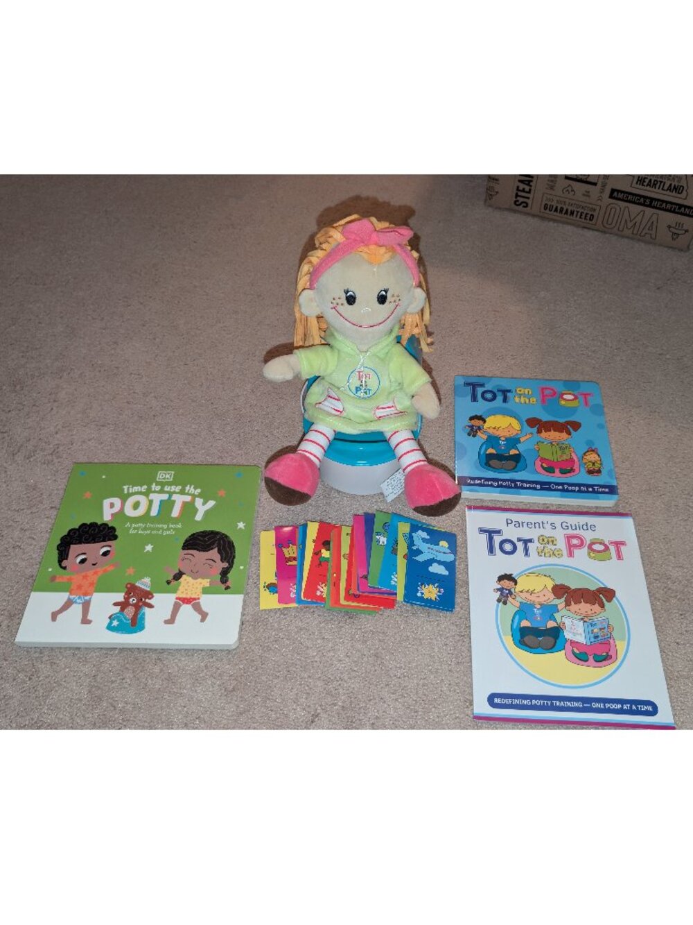 Complete Tot on the pot kit, like new Katie doll, gently used cards and books